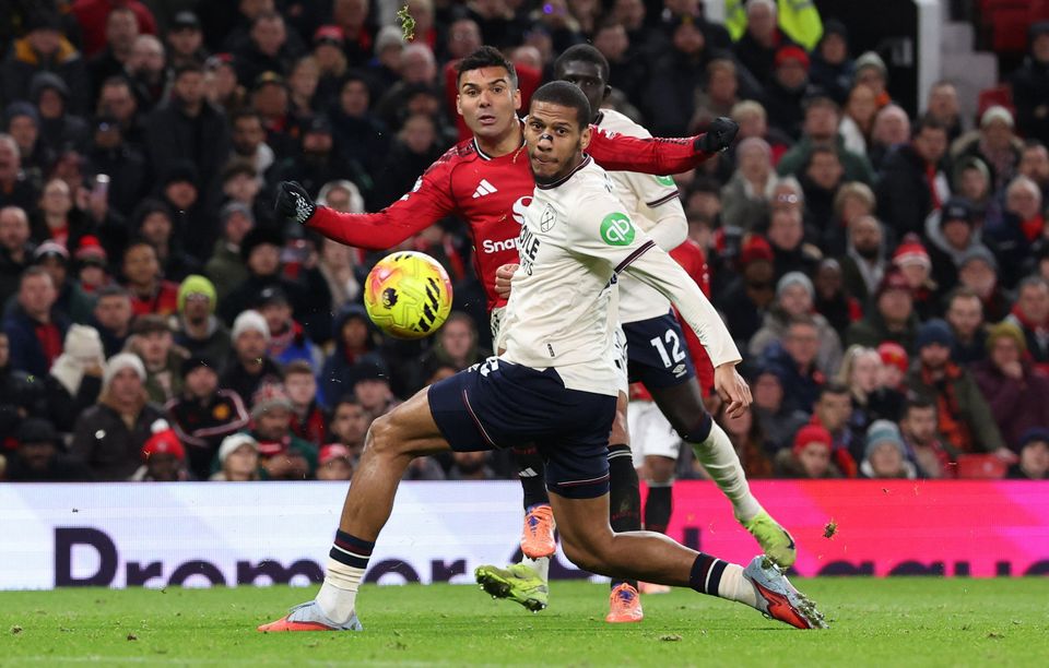 Manchester United's Casemiro in action against West Ham United's Jean-Clair Todibo during the drawn Premier League match at Old Trafford